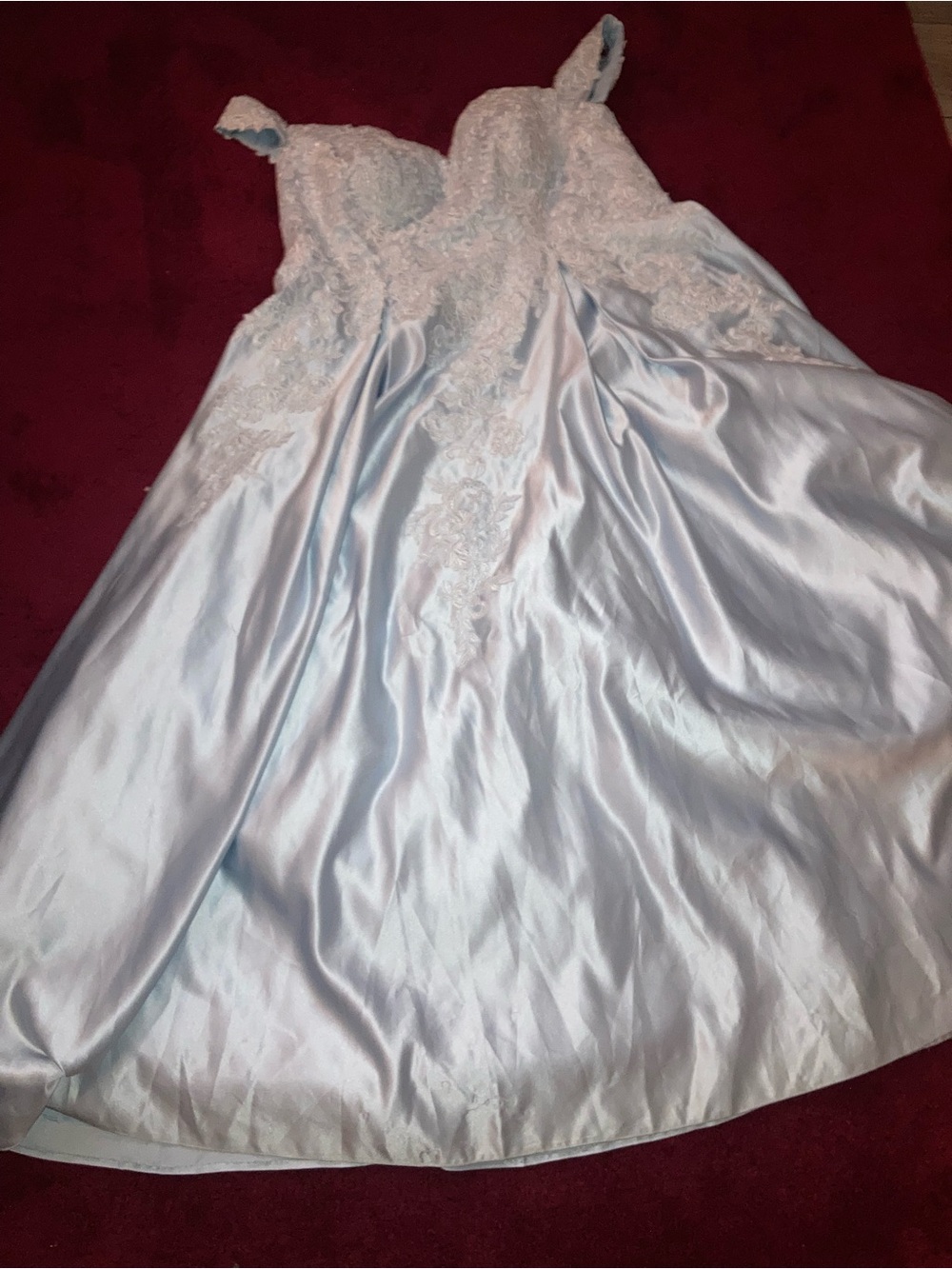 JJ's House Light Blue Lace Appliqué Satin Dress